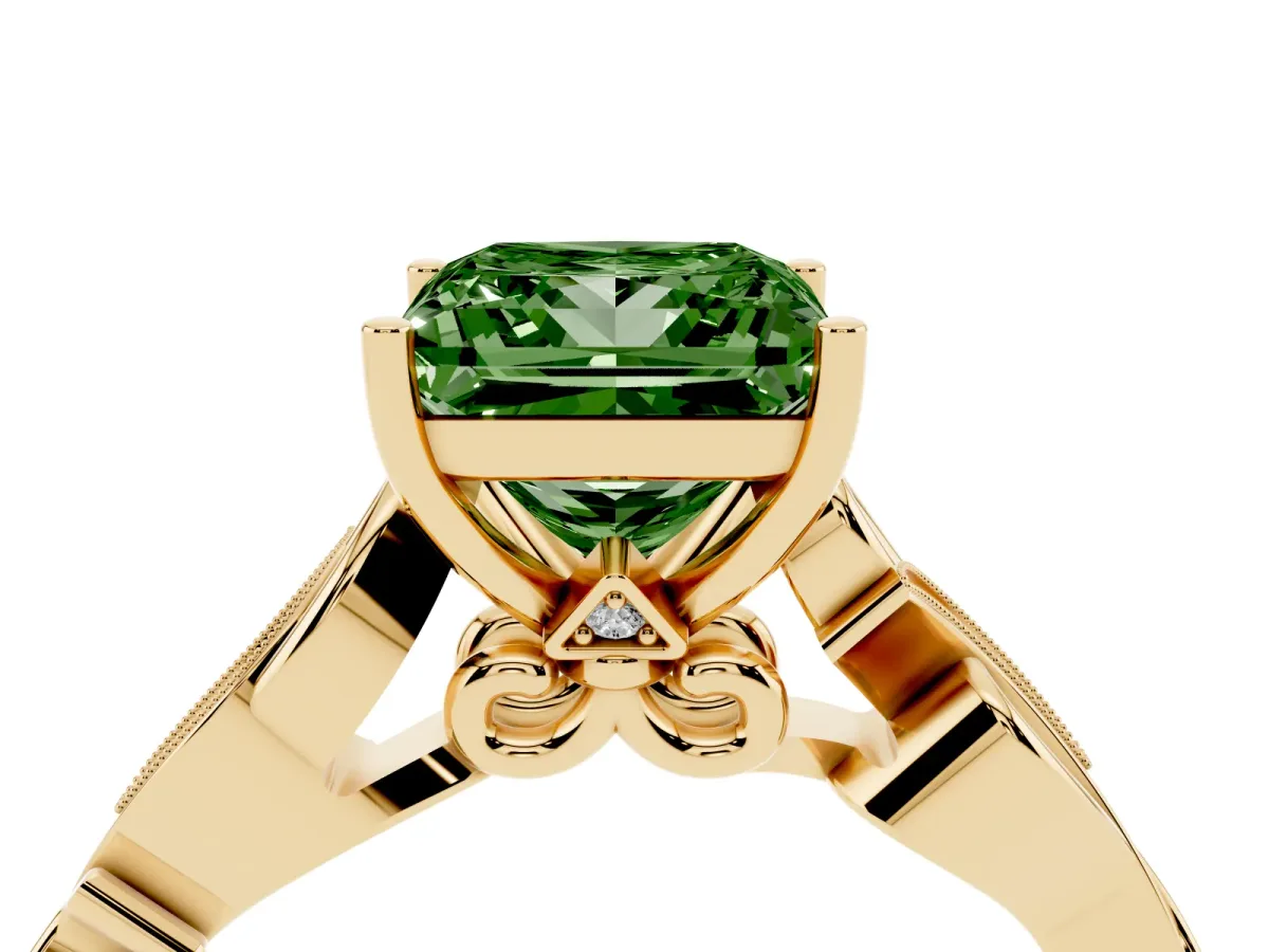 Fancy Green Princess Cut Solitaire Vine Band with Milgrain Prong Setting Yellow gold