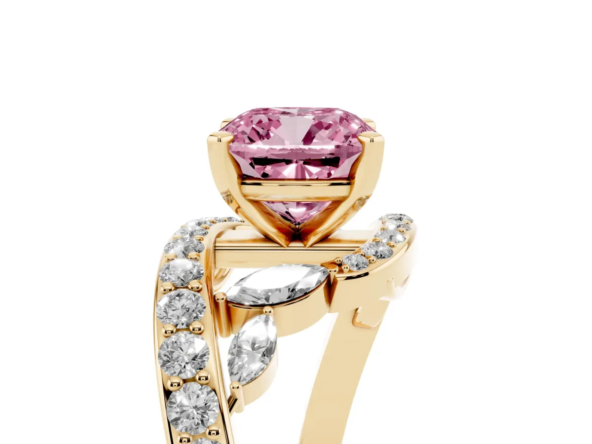 Fancy Pink Cushion Cut Diamond Solitaire Ring with Filigree Band and Four-Prong Setting Yellow gold