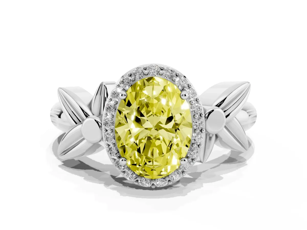 Fancy Yellow Oval Cut Halo Diamond Floral Band with Four-Prong Setting Silver