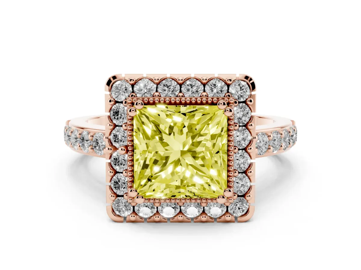 Fancy Yellow Princess Cut Diamond Halo Ring with Pavé Band and Prong Setting Rose gold