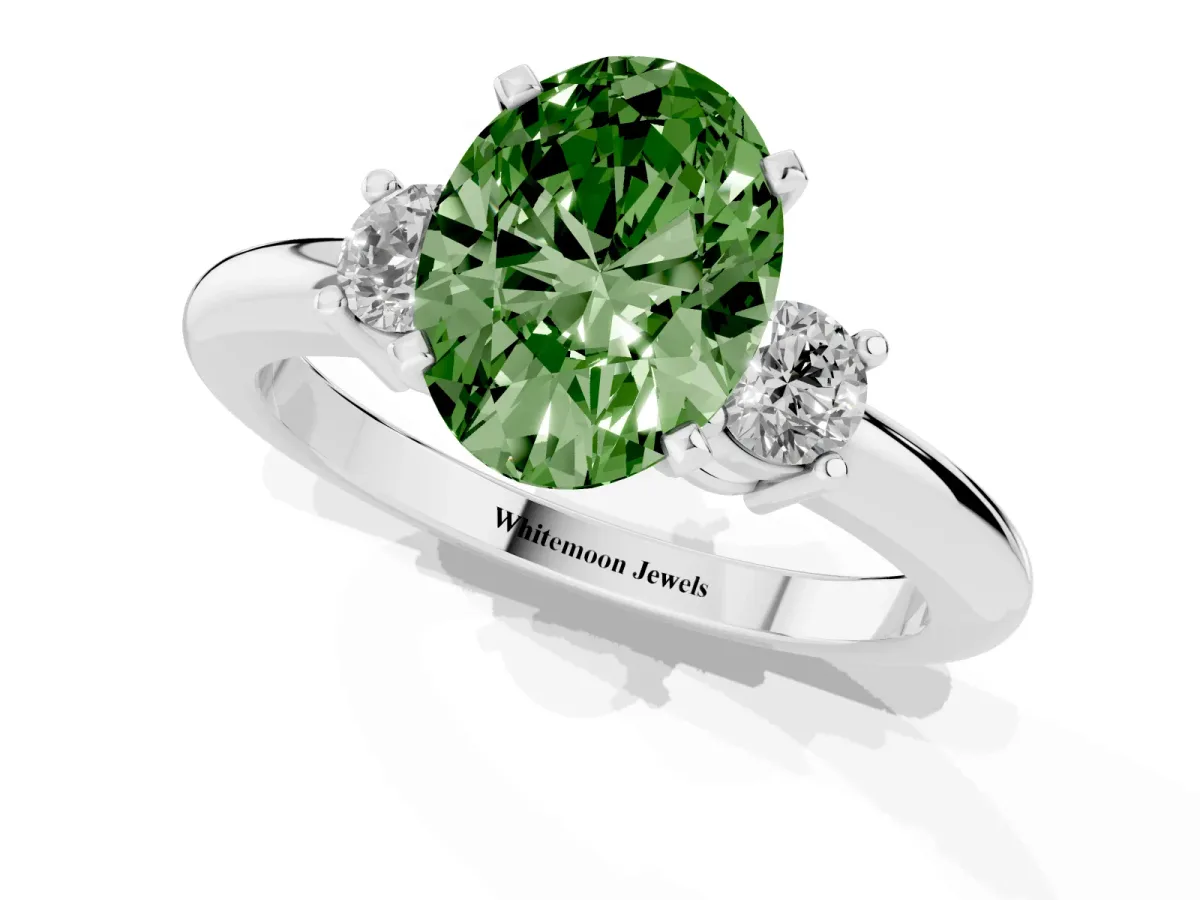 Fancy Green Three-Stone Oval Cut Cut Diamond Solitaire with Prong Setting and Classic Band Silver