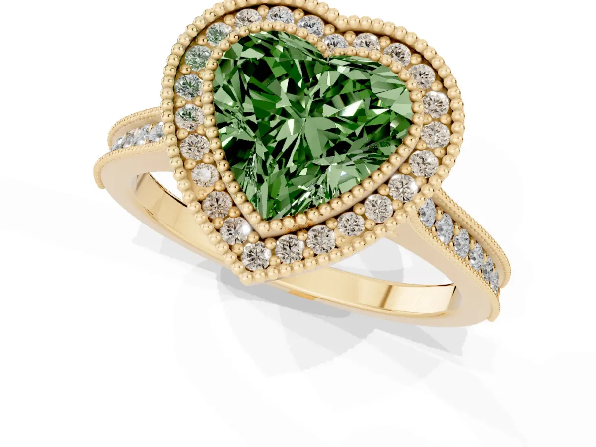Fancy Green Halo Heart Cut-Cut Diamond Pave Band Milgrain Prong Setting Ring Yellow gold
