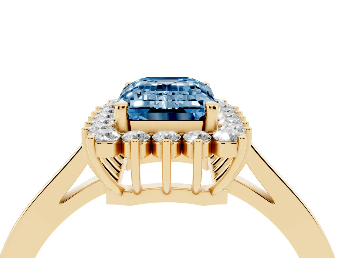 Fancy Blue Emerald Cut Cut Diamond Halo Ring with Round Brilliant Halo and Solitaire Band Yellow gold