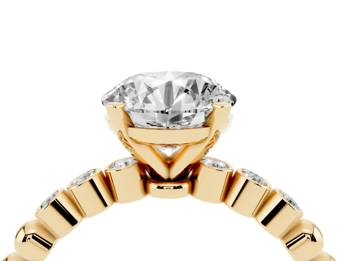 Round Cut Solitaire Bezel Accent Diamond Engagement Ring with Beaded Band and Four-Prong Setting Yellow gold