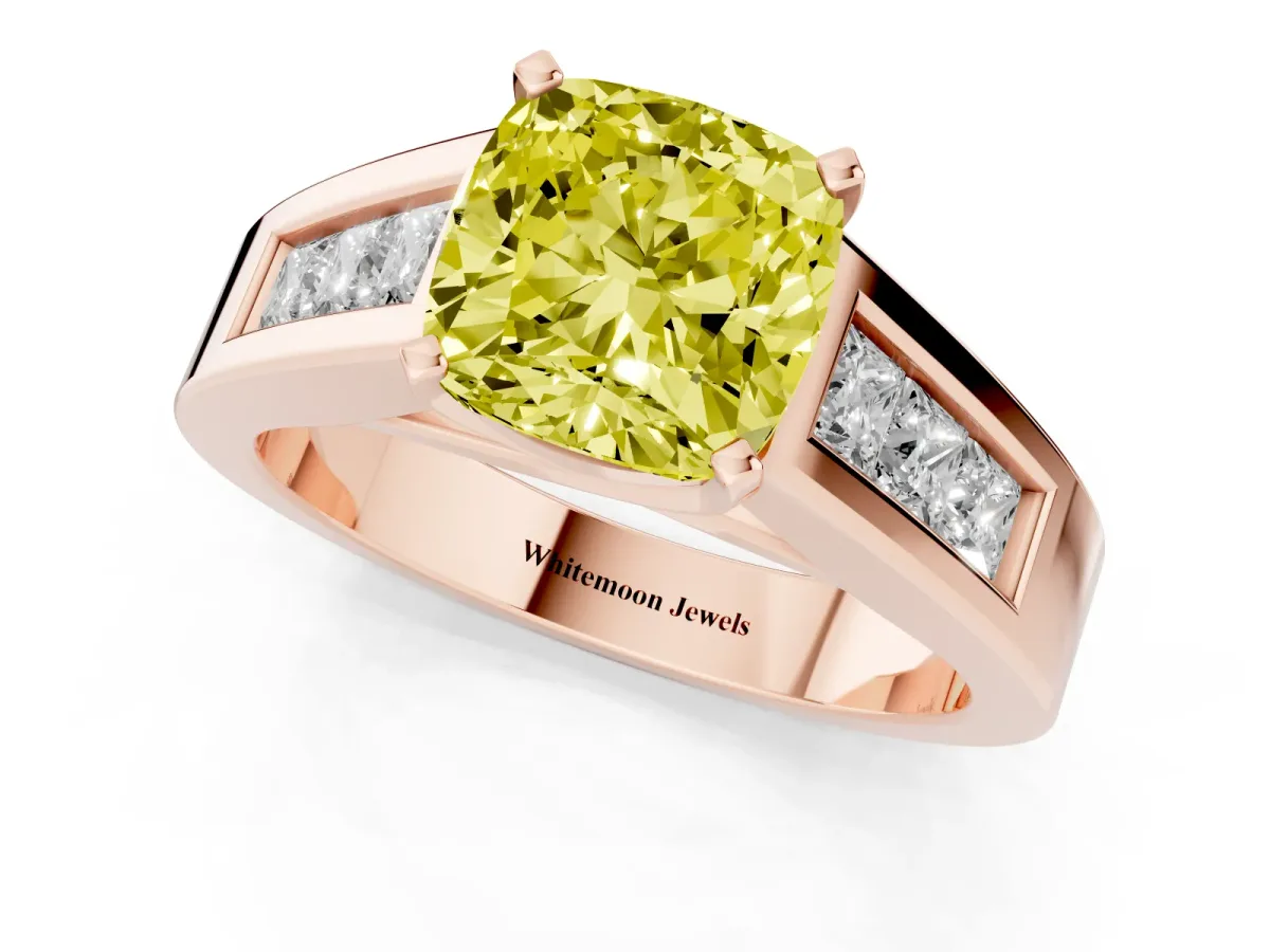 Fancy Yellow Cushion Cut Cut Channel Set Solitaire Ring with Four-Prong Setting Rose gold