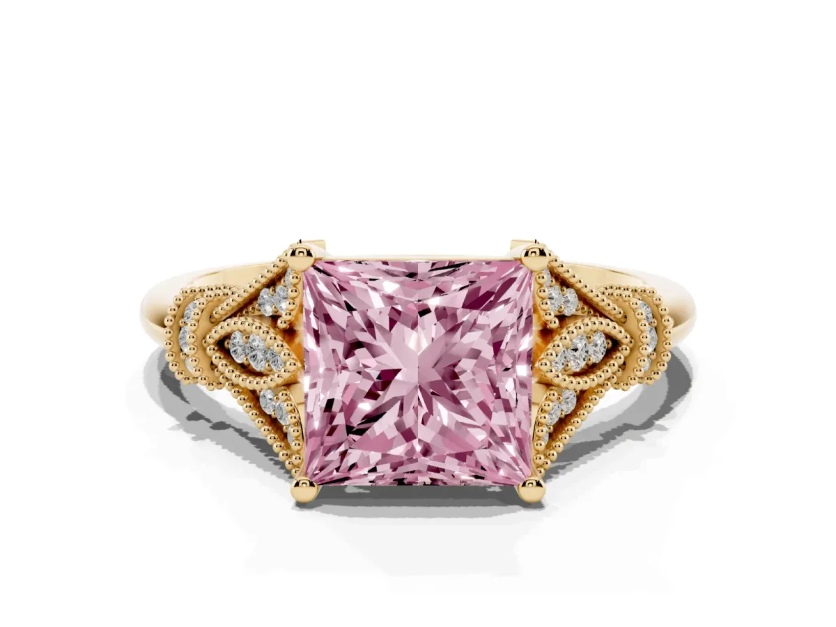 Fancy Pink Princess Cut Diamond Solitaire Ring with Floral Filigree and Pave Accents Yellow gold