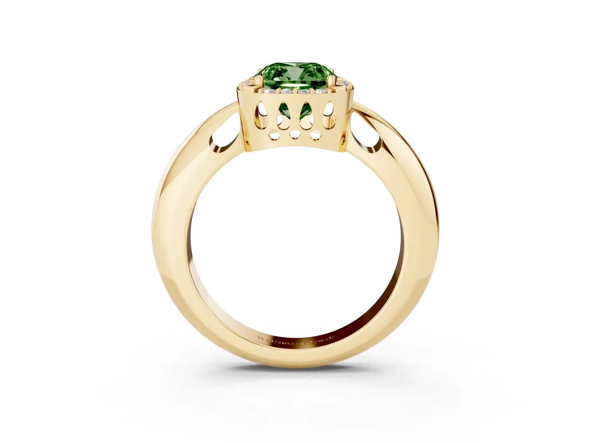 Fancy Green Cushion Cut Cut Diamond Halo Engagement Ring with Split Shank and Four-Prong Setting Yellow gold
