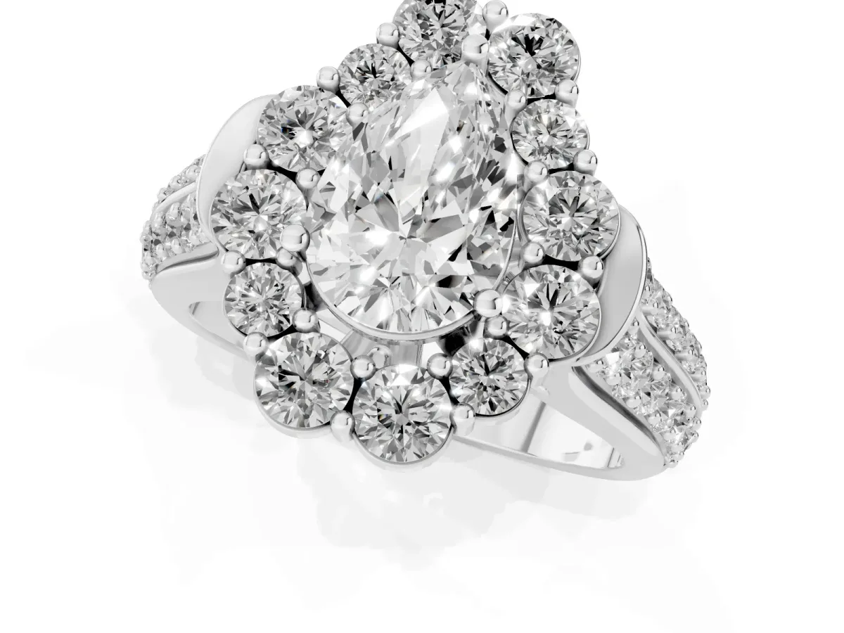 Pear Cut Halo Diamond Engagement Ring with Split Shank and Prong Setting Silver