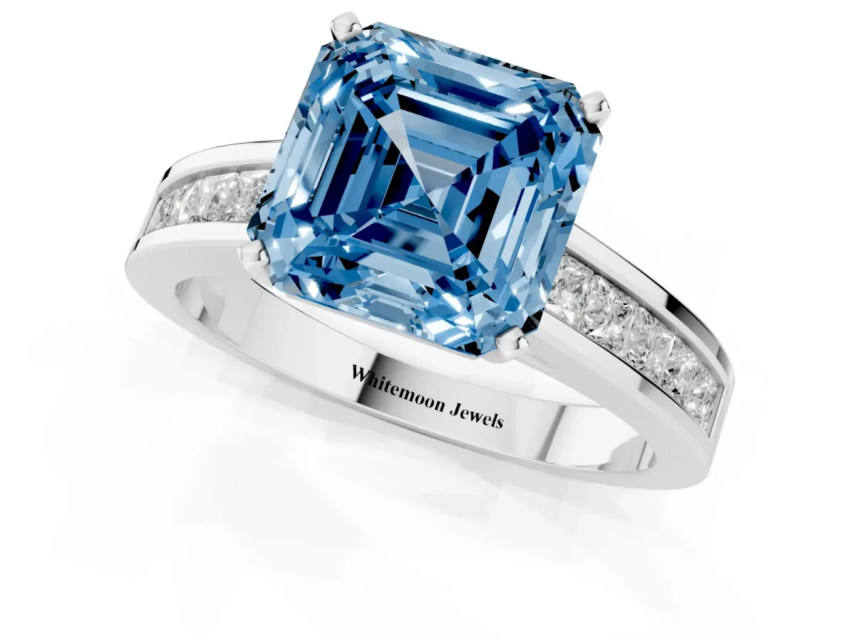 Fancy Blue Asscher Cut Solitaire Diamond Ring with Channel-Set Band and Four-Prong Setting Silver