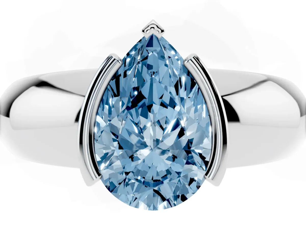 Fancy Blue Pear Cut Solitaire Tension Set Diamond Ring with Wide Band Silver