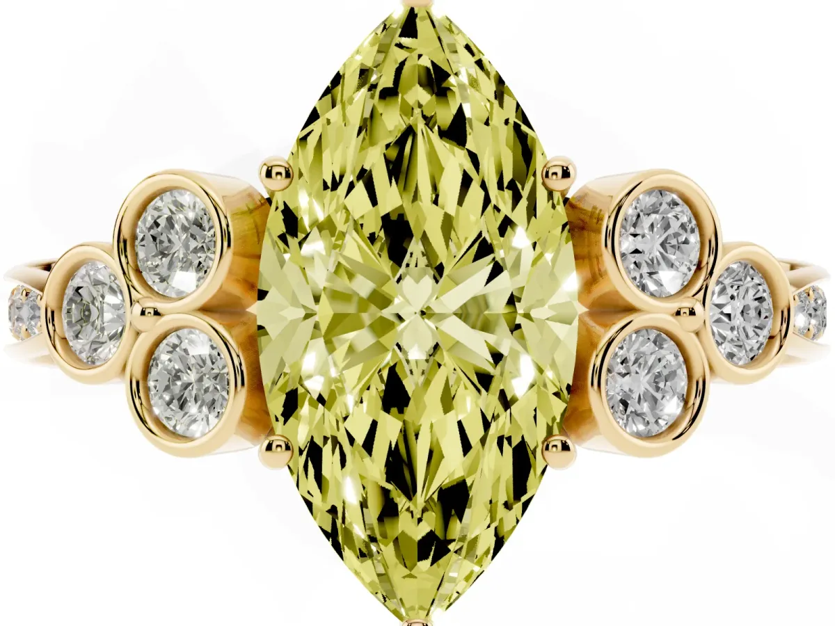 Fancy Yellow Marquise Cut Cut Diamond Engagement Ring with Bezel Set Round Side Stones and Prong Setting Yellow gold