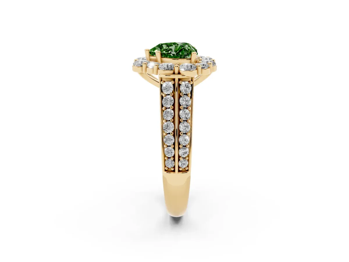 Fancy Green Heart Cut Halo Diamond Engagement Ring with Split Shank and Prong Setting Yellow gold