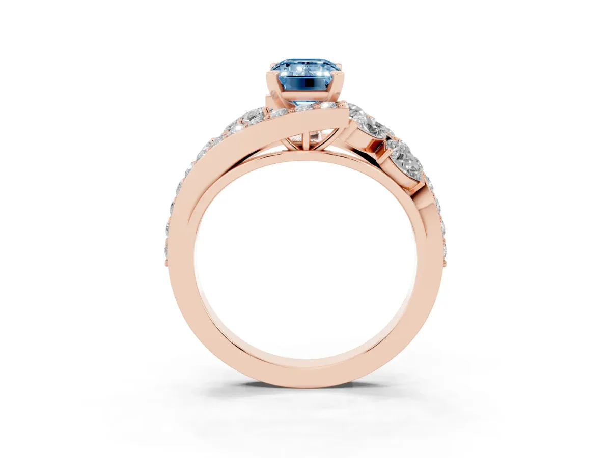 Fancy Blue Emerald Cut Diamond Halo Ring with Marquise and Pavé Band in Prong Setting Rose gold