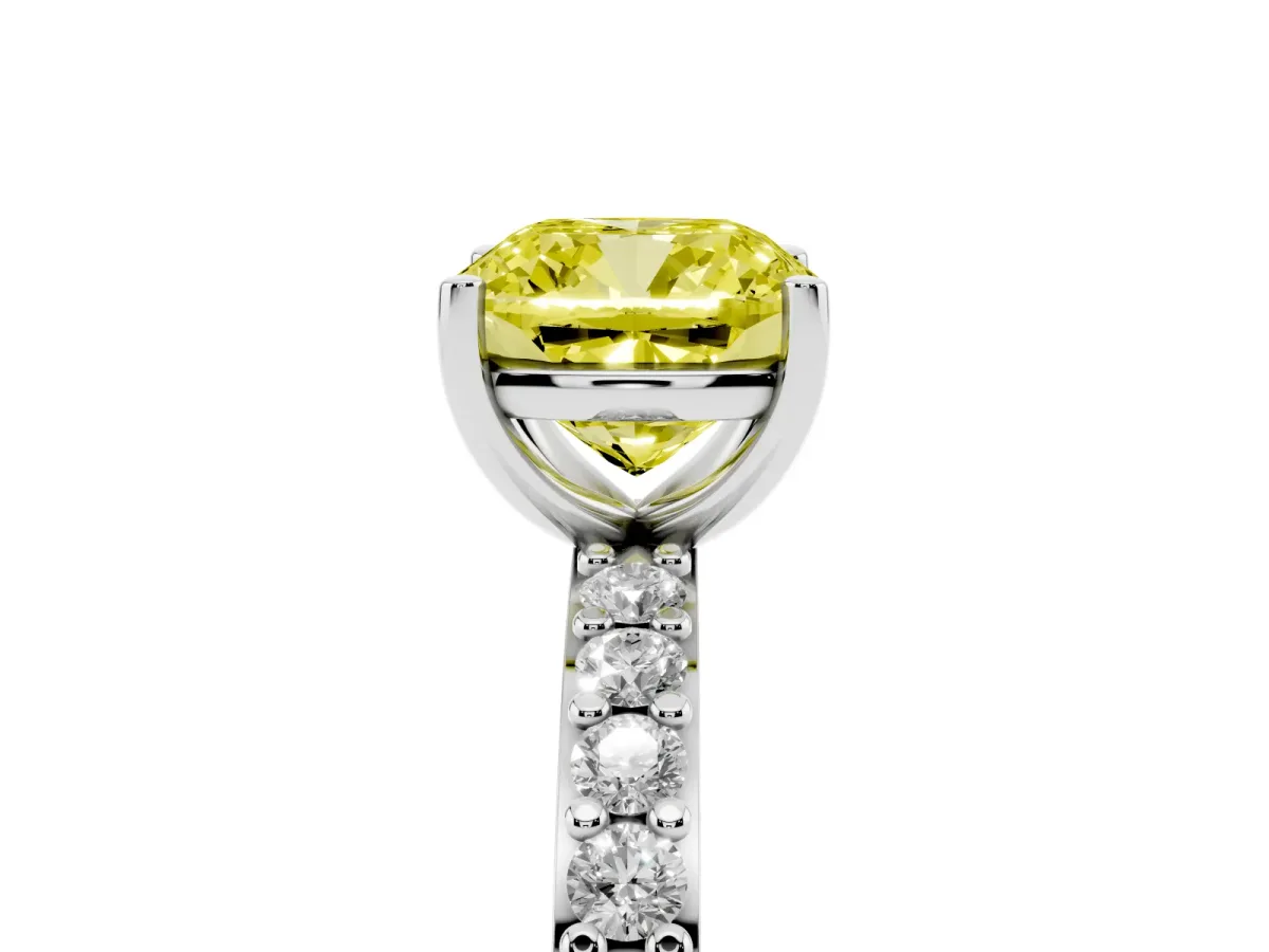 Fancy Yellow Cushion Cut Cut Diamond Solitaire with Pave Band and Four-Prong Setting Silver