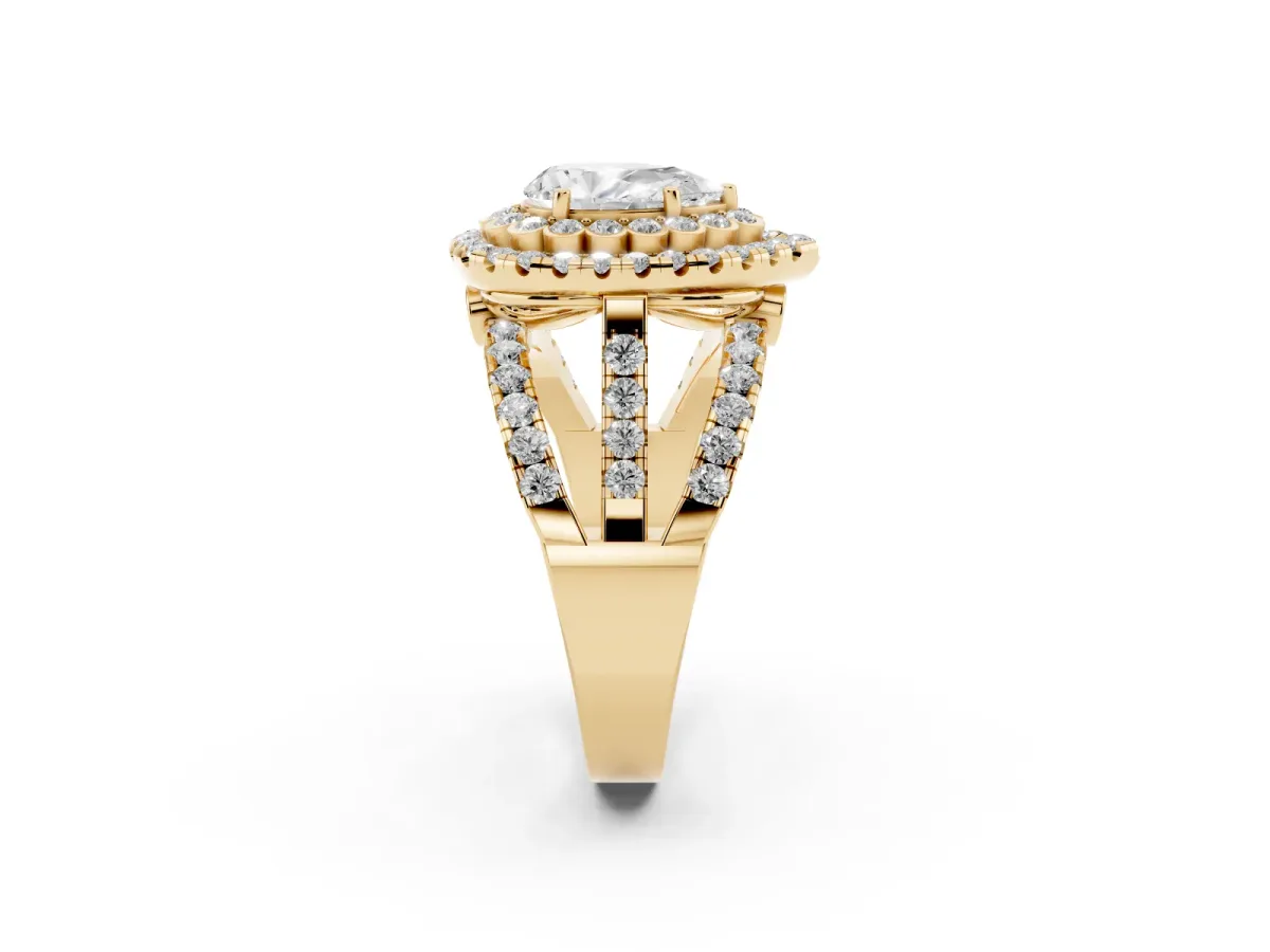 Pear Cut Diamond Double Halo Ring with Round Pavé Split Shank and Prong Setting Yellow gold