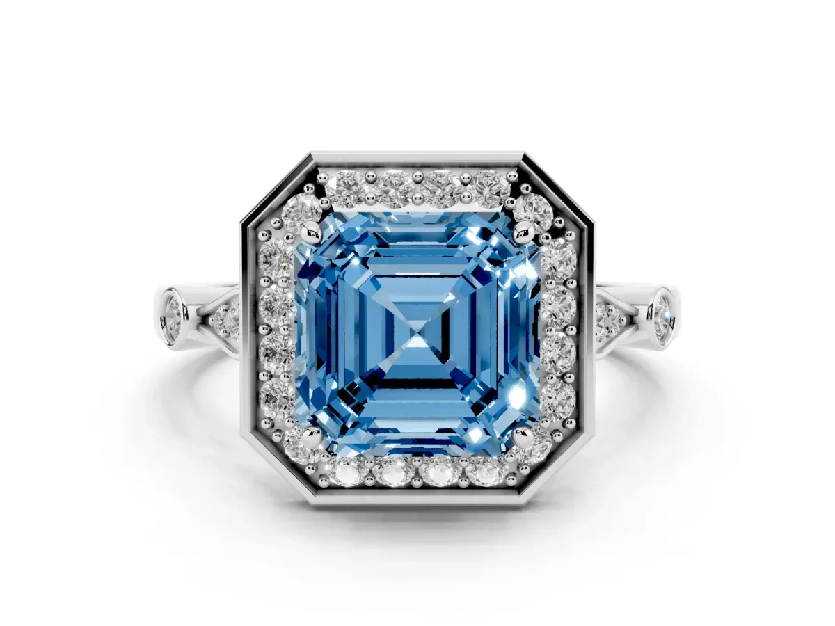 Fancy Blue Asscher Cut Halo Diamond Engagement Ring with Twisted Band and Four-Prong Setting White gold