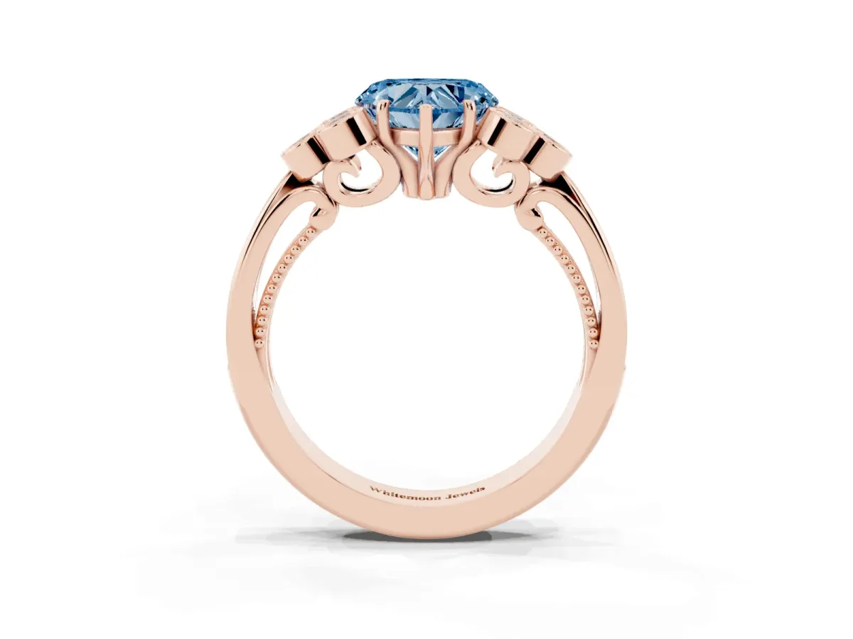 Fancy Blue Heart Cut Cut Diamond Engagement Ring with Bezel Set Round Side Stones and Prong Setting Rose gold