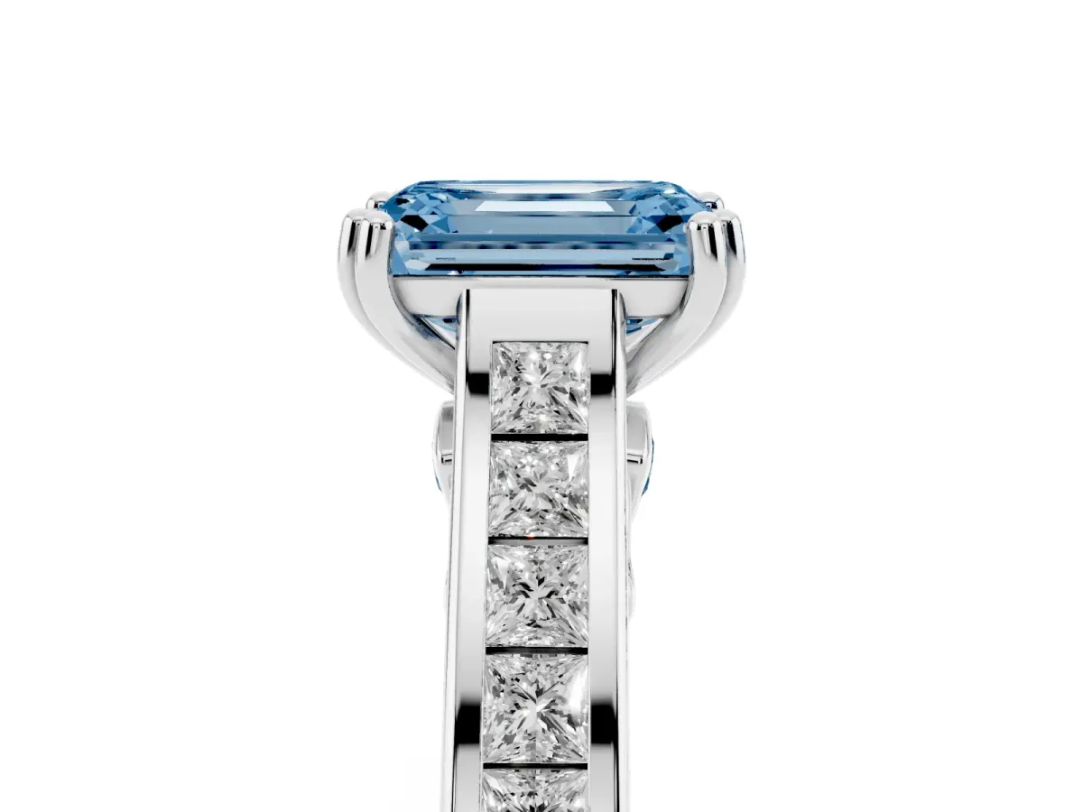 Fancy Blue Emerald Cut Cut Channel Set Solitaire Engagement Ring with Prong Setting Silver