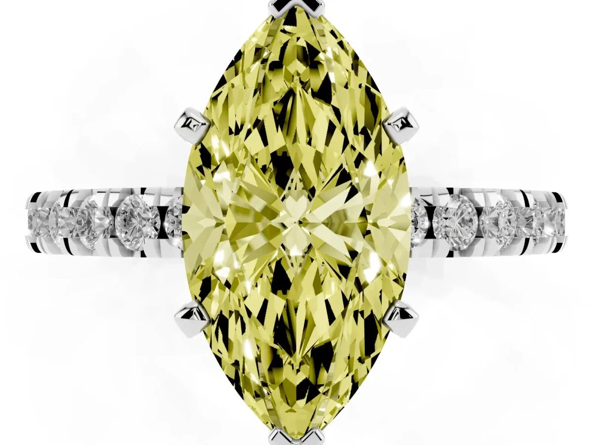 Fancy Yellow Marquise Cut Diamond Pavé Band Solitaire with Four-Prong Setting Silver