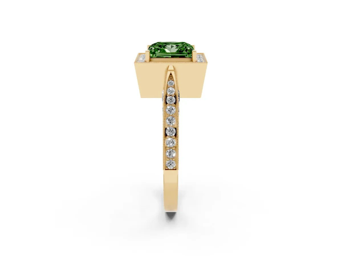 Fancy Green Princess Cut Halo Diamond Engagement Ring with Split Shank Band and Four-Prong Setting Yellow gold