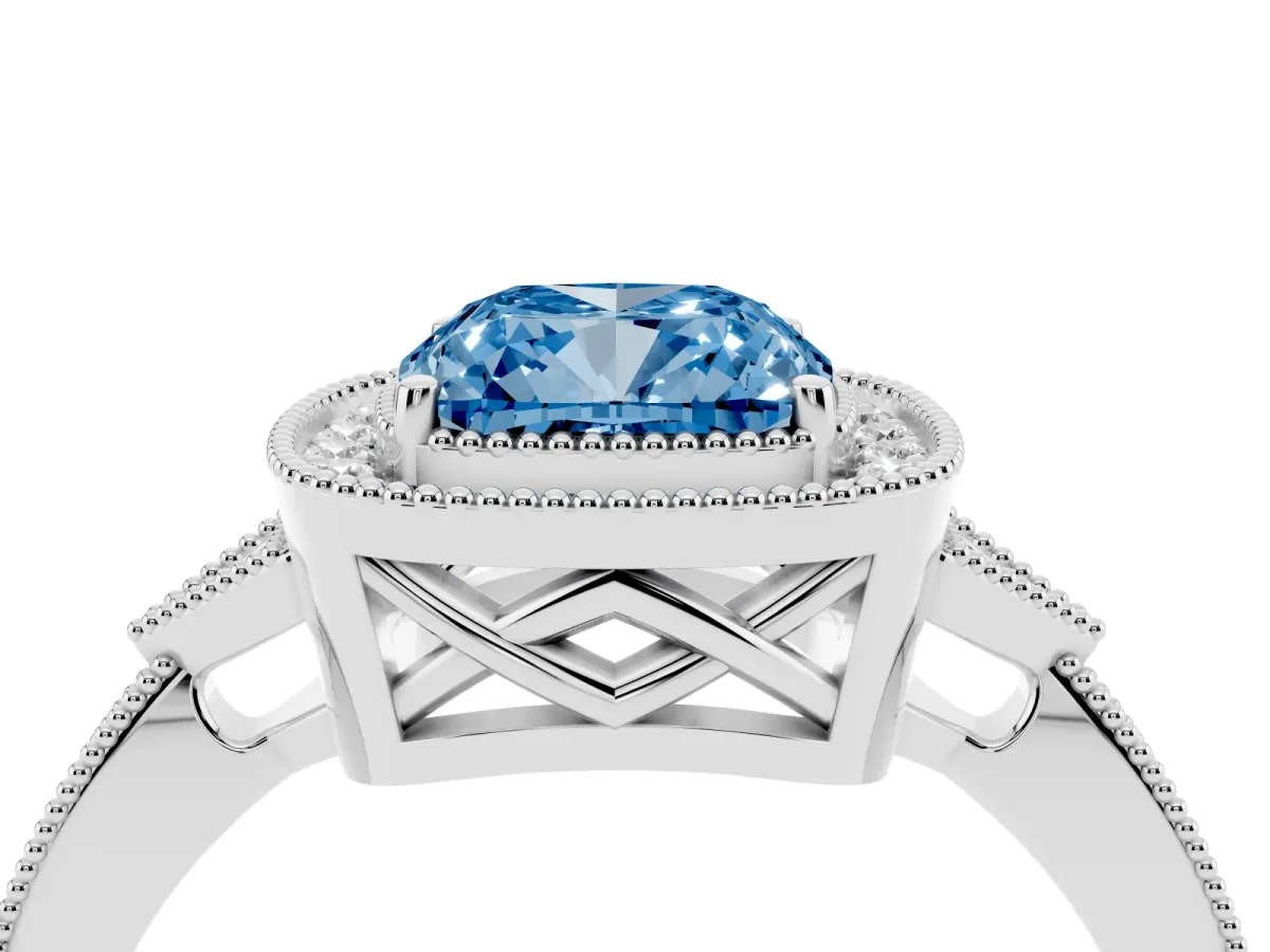 Fancy Blue Cushion Cut Halo Round Diamond Milgrain Pave Engagement Ring Platinum