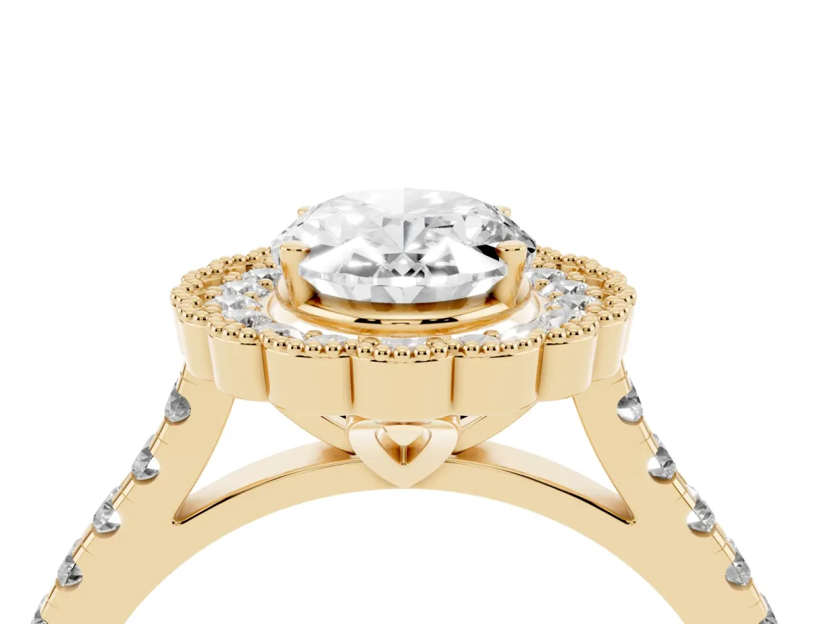 Oval Cut Cut Diamond Milgrain Floral Halo Engagement Ring with Pavé Band Yellow gold