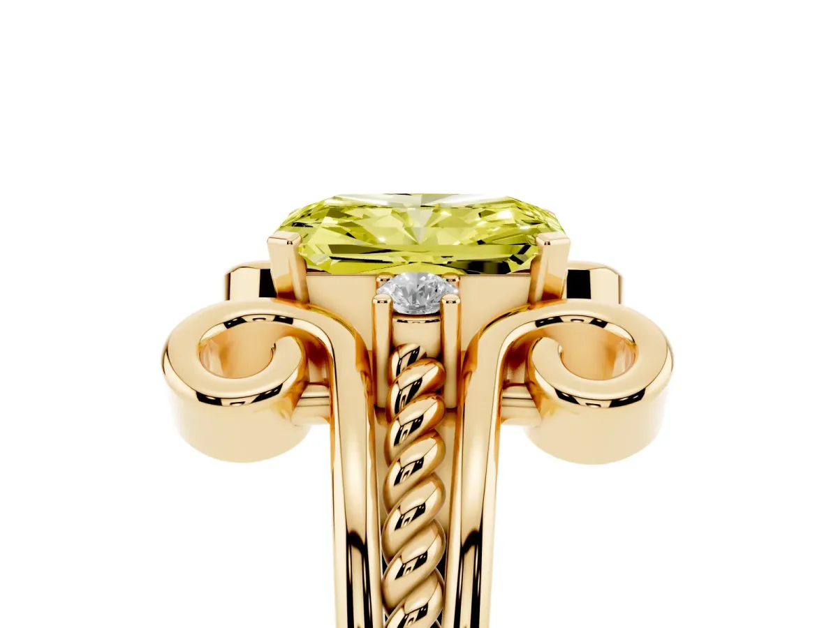 Fancy Yellow Radiant Cut Solitaire Twisted Band Scroll Prong Ring Yellow gold