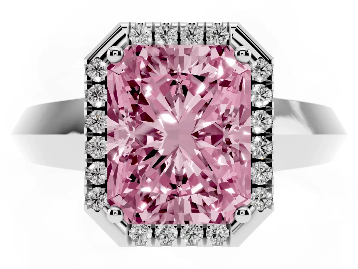 Fancy Pink Radiant Cut Halo Diamond Ring with Cathedral Band and Four-Prong Setting White gold