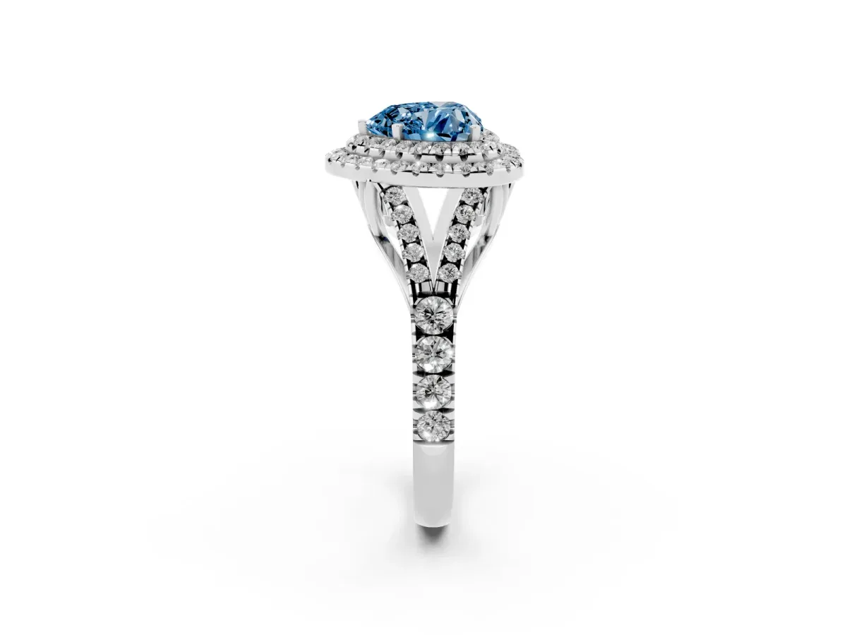 Fancy Blue Double Halo Heart Cut Diamond Split Shank Engagement Ring with Four-Prong Setting Silver