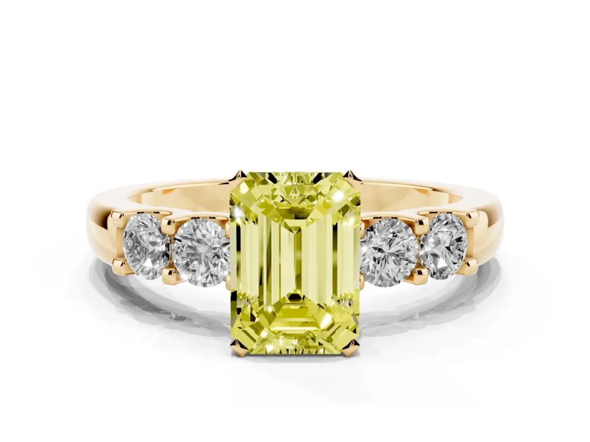 Fancy Yellow Emerald Cut Brilliant Cut Diamond Five-Stone Prong Set Engagement Ring with Channel Band Yellow gold