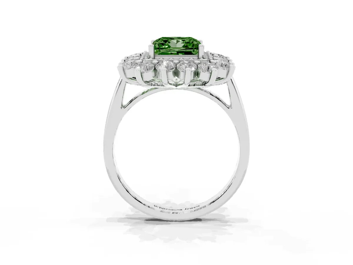 Fancy Green Princess Cut Diamond Floral Double Halo Engagement Ring with Prong Setting White gold