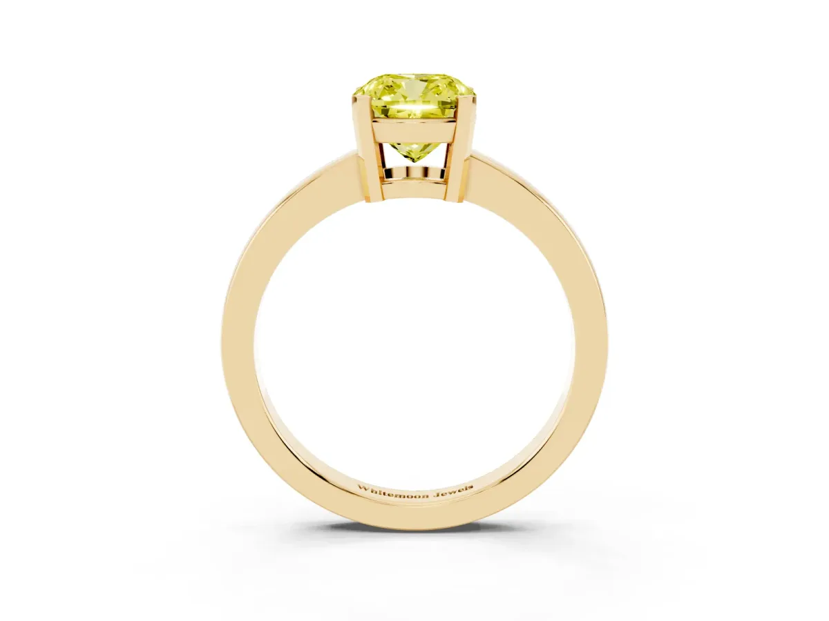 Fancy Yellow Cushion Cut Cut Solitaire Ring with Four-Prong Setting and Classic Band Yellow gold