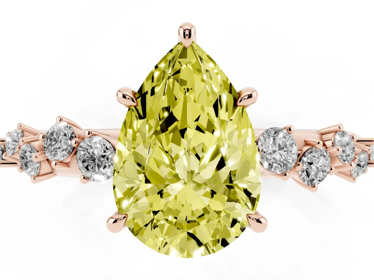 Fancy Yellow Pear Cut Diamond Cluster Side Stone Solitaire Ring with Prong Setting Rose gold