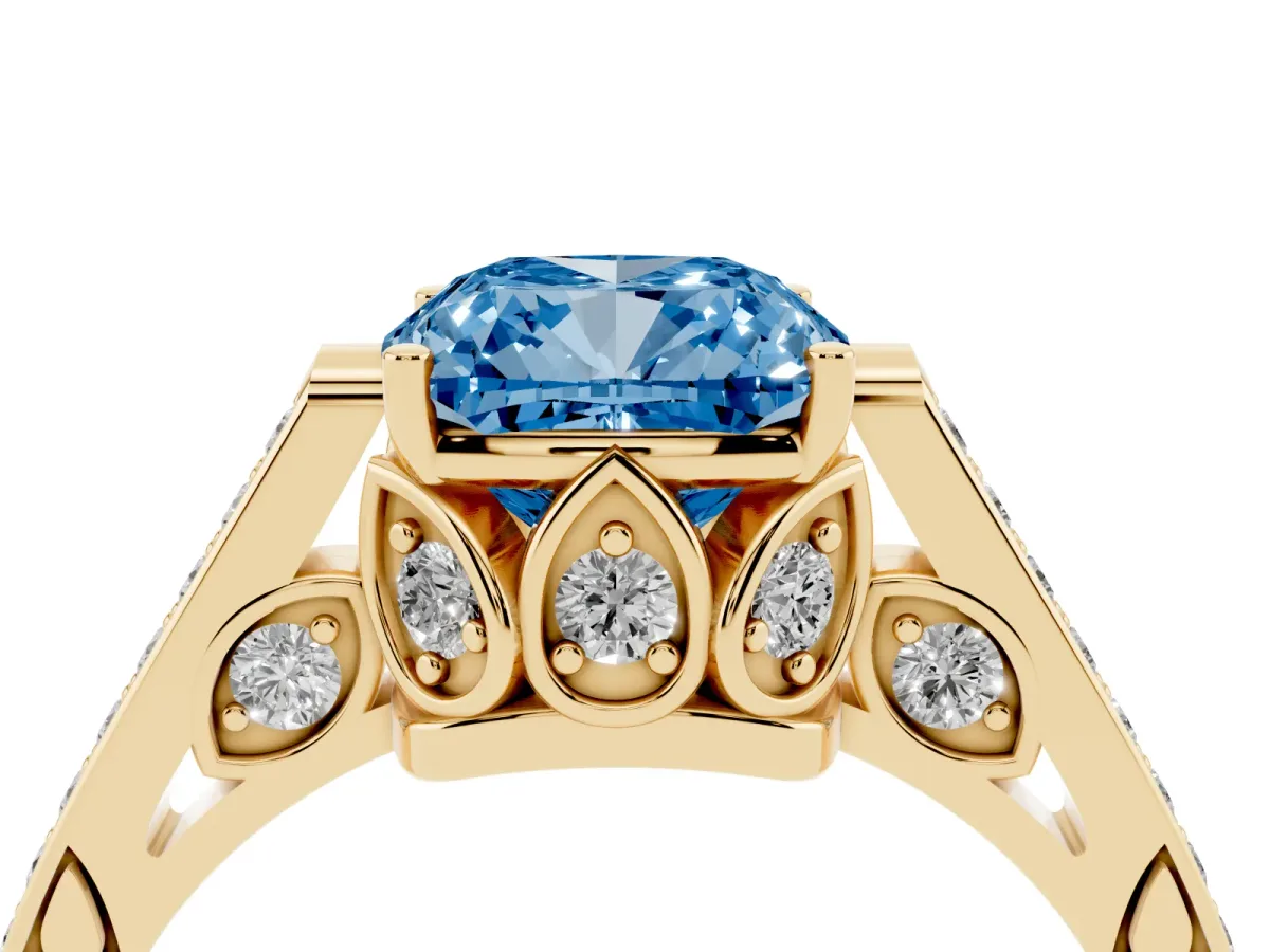 Fancy Blue Cushion Cut Cut Cathedral Pave Diamond Engagement Ring with Six-Prong Setting Yellow gold