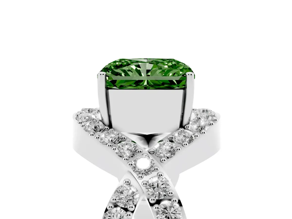 Fancy Green Radiant Cut Solitaire Twist Band Pavé Diamond Engagement Ring Platinum
