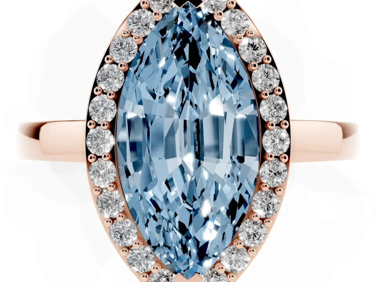 Fancy Blue Marquise Cut Halo Diamond Ring with Solitaire Band and Prong Setting Rose gold