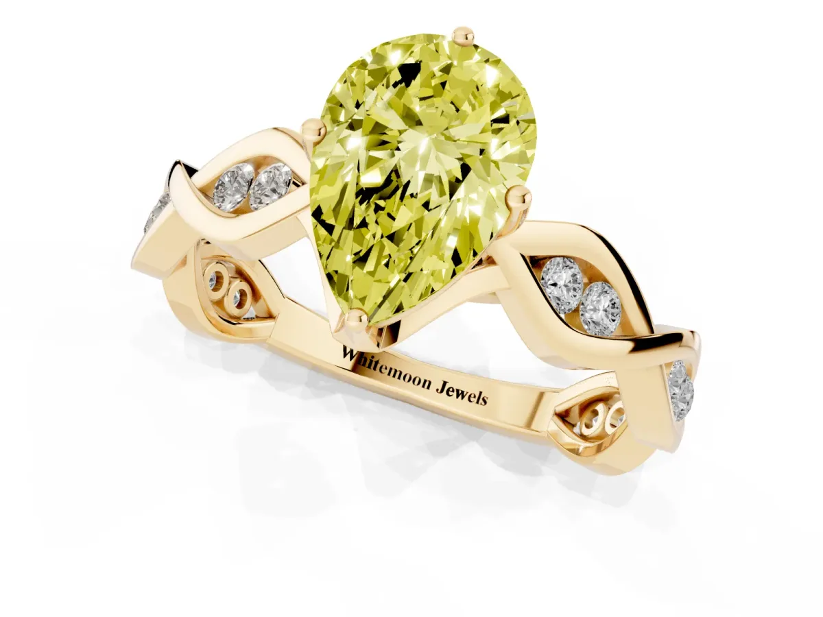 Fancy Yellow Pear Cut Solitaire Twist Band with Leaf Prong Setting Yellow gold