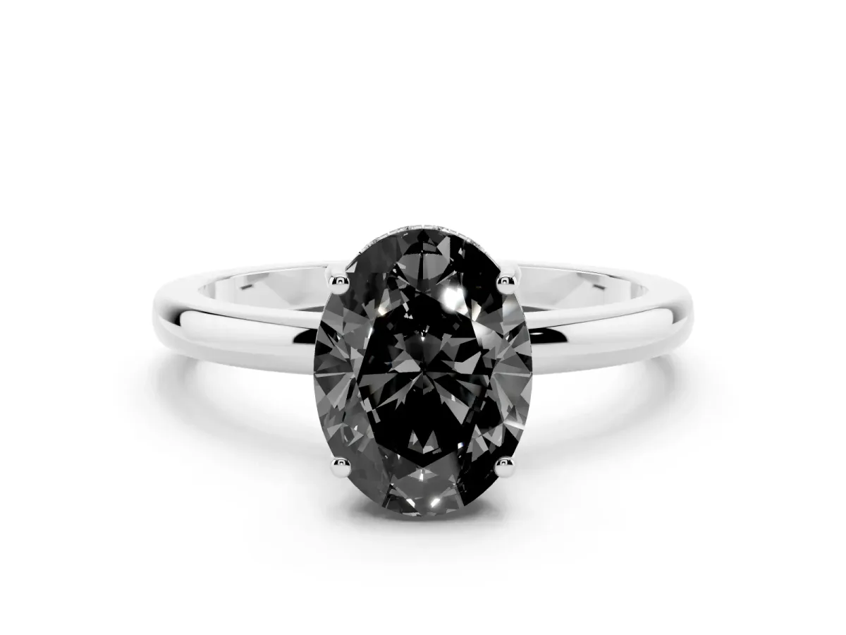Fancy Black Oval Cut Solitaire Diamond Ring with Prong Setting and Plain Band Silver