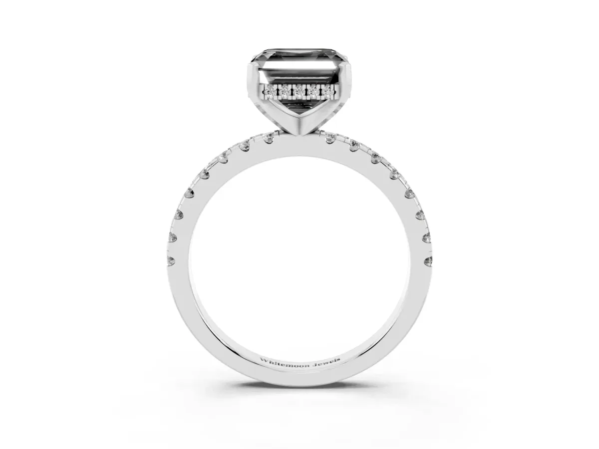 Fancy Black Asscher Cut Diamond Solitaire Ring with Round Pavé Band and Four-Prong Setting Silver