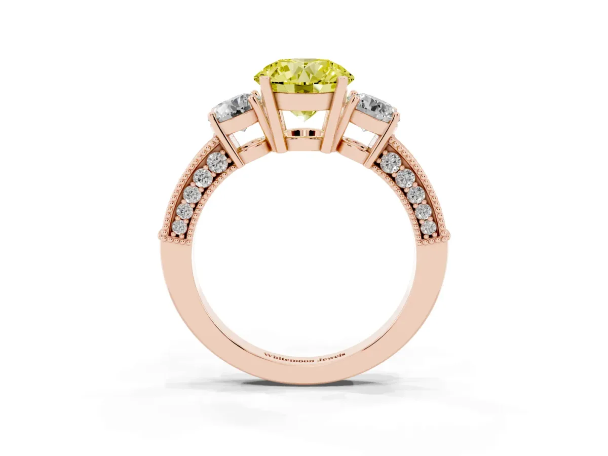 Fancy Yellow Round Cut Three-Stone Diamond Ring with Pavé Band and Four-Prong Setting Rose gold