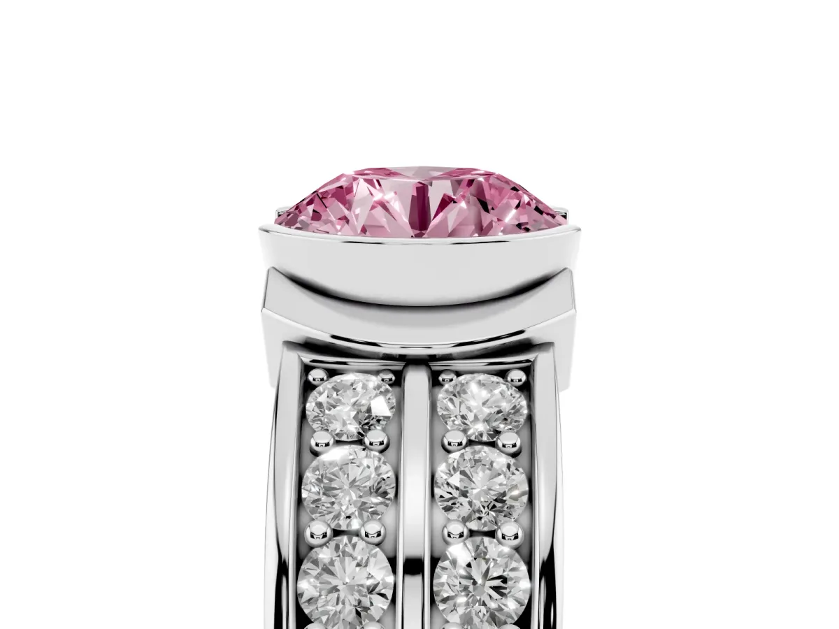 Fancy Pink Round Cut Brilliant Diamond Channel Set Wide Band Ring with Bezel Setting White gold