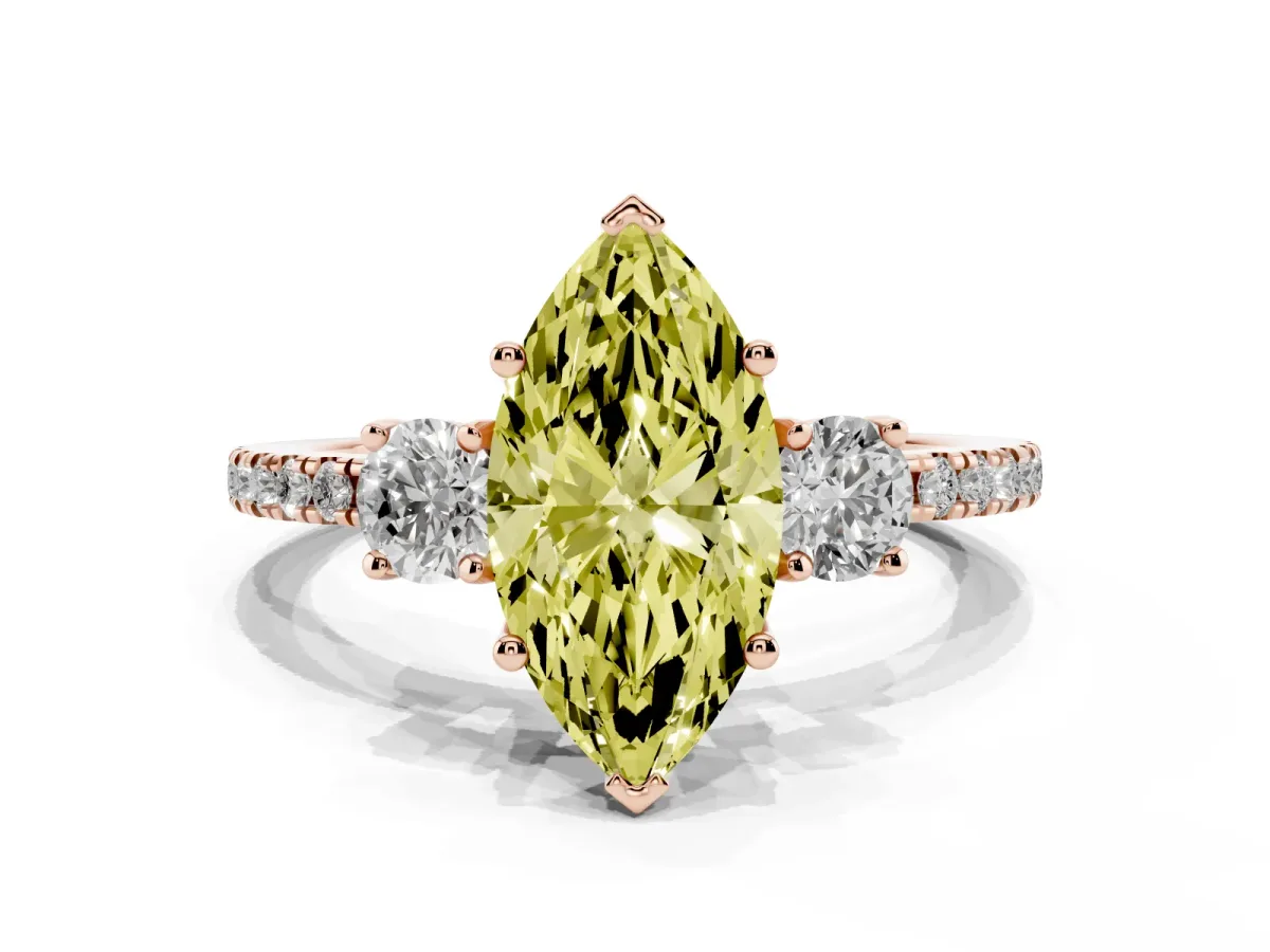 Fancy Yellow Three-Stone Marquise Cut Cut Diamond Pavé Band with Prong Setting Rose gold