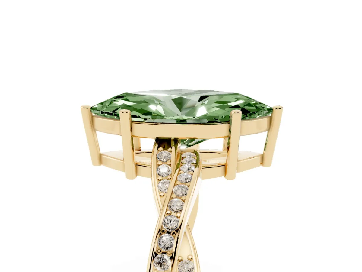 Fancy Green Marquise Cut Solitaire Twisted Pave Diamond Ring with Four-Prong Setting Yellow gold