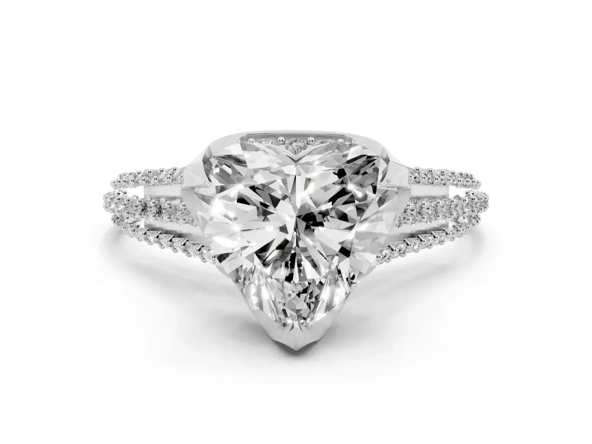 Heart Cut Solitaire Pave Split Shank Ring with Four-Prong Setting White gold