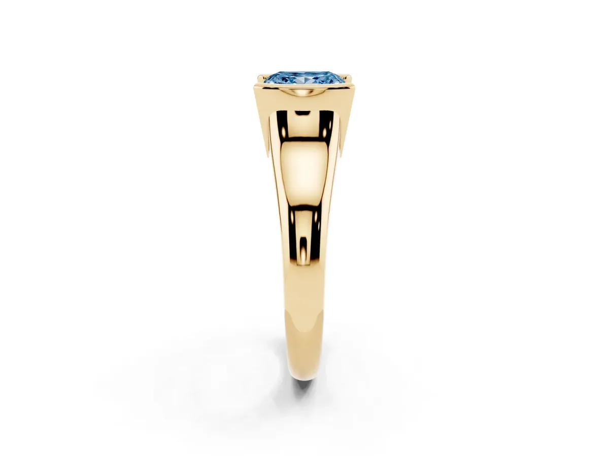 Fancy Blue Princess Cut Solitaire Tension Set Diamond Ring with Split Shank Band Yellow gold