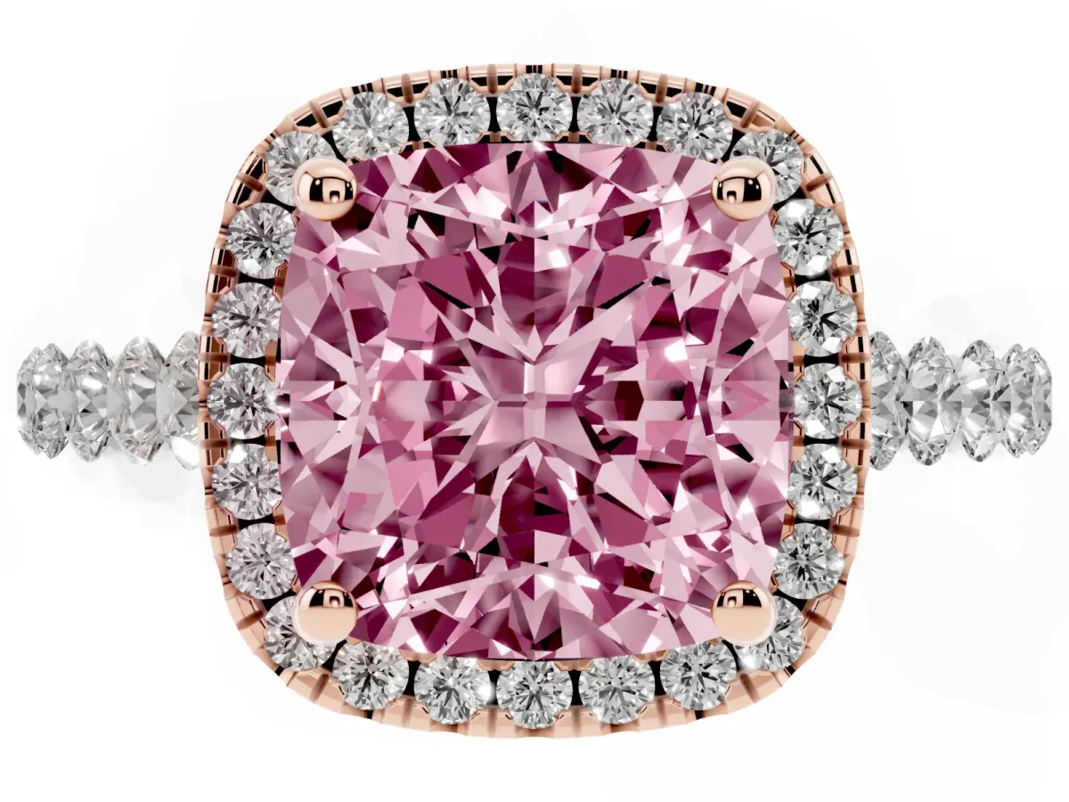 Fancy Pink Cushion Cut Halo Pavé Diamond Engagement Ring with Four-Prong Setting Rose gold