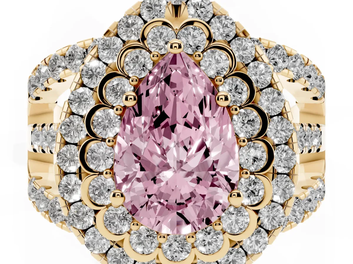 Fancy Pink Pear Cut Diamond Double Halo Ring with Round Pavé Split Shank and Prong Setting Yellow gold