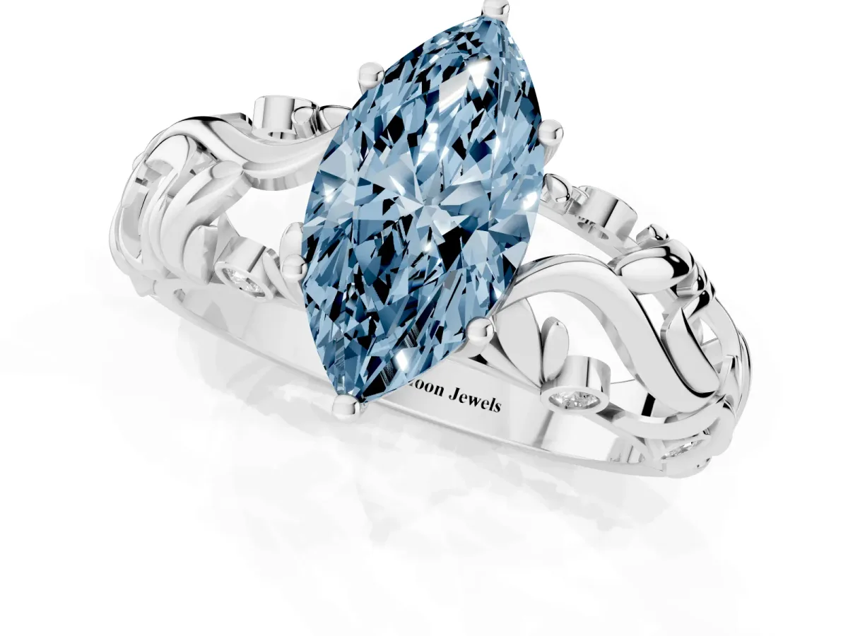 Fancy Blue Marquise Cut Solitaire Diamond Leaf-Inspired Vine Band Ring with Prong Setting Silver