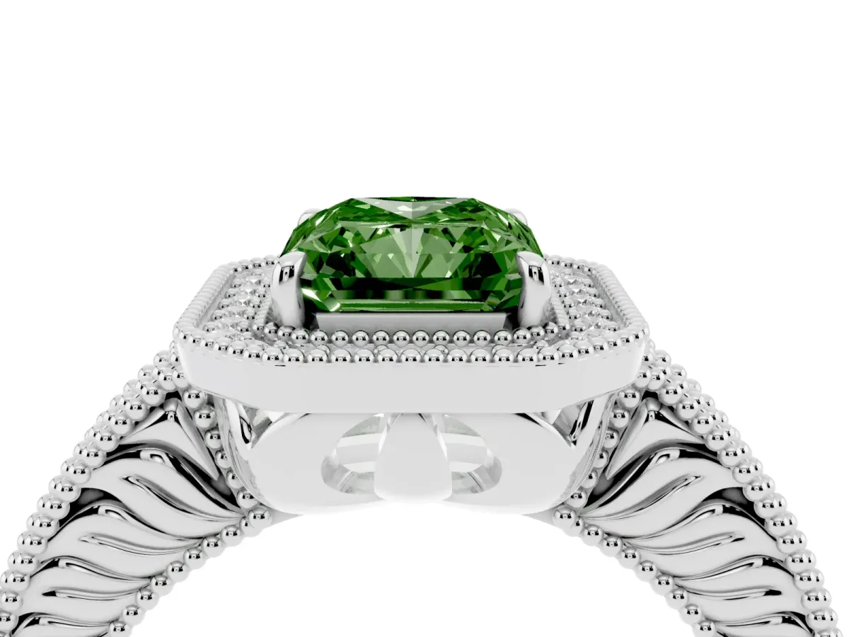 Fancy Green Radiant Cut Cut Halo Diamond Ring with Pavé Band and Four-Prong Setting Silver