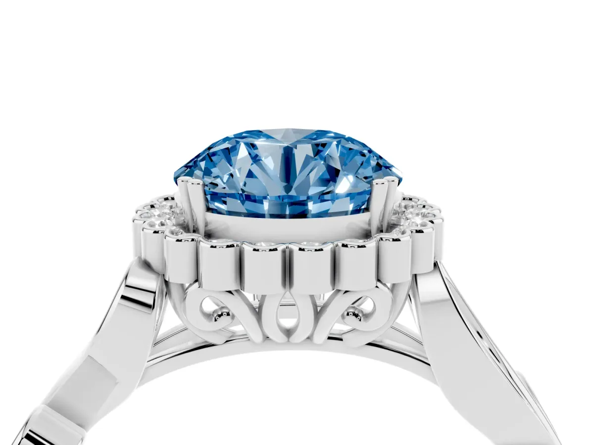 Fancy Blue Round Cut Diamond Halo Ring with Vintage Split Shank and Four-Prong Setting Silver
